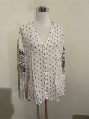 O'Neill White Button-Down Tunic with Rust & Brown Geometric Print